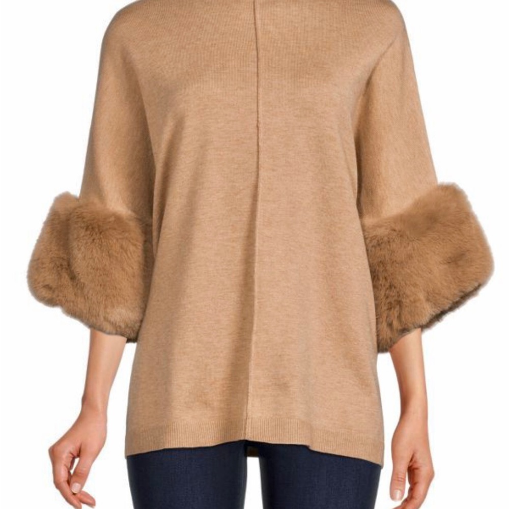 🌺🌺NWOT MOCKNECK FAUX FUR TRIM PONCHO SIZE L - Picture 1 of 6